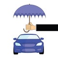 The blue car is protected by an umbrella in the hand.